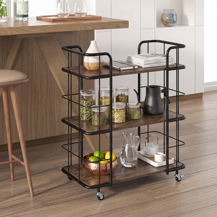 3-Tier Rolling Buffet Serving Cart with Lockable Wheels and  Metal Frame-Rusticbrown