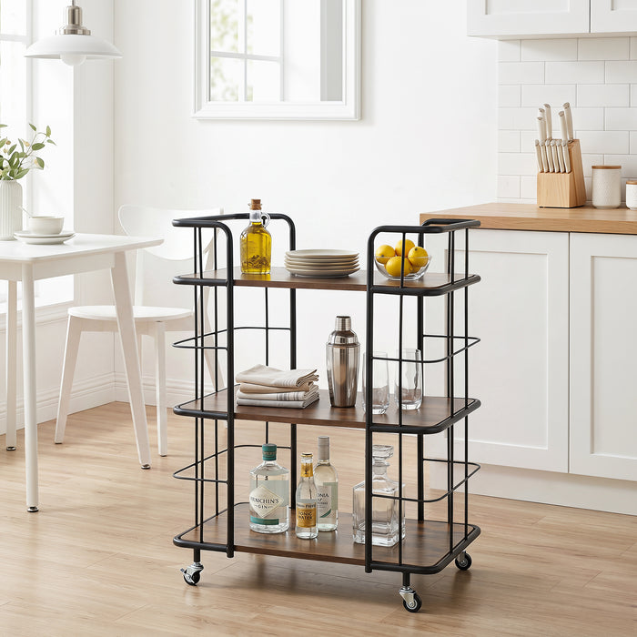 3-Tier Rolling Buffet Serving Cart with Lockable Wheels and  Metal Frame-Rusticbrown