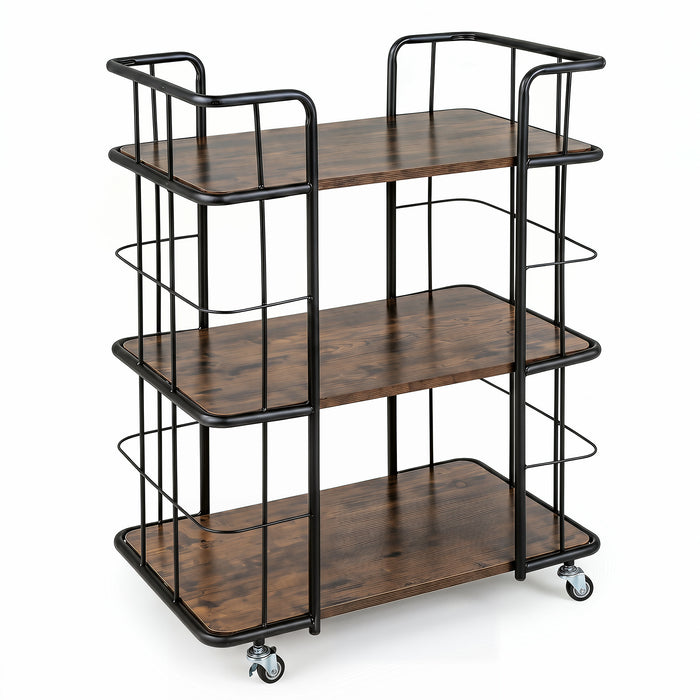 3-Tier Rolling Buffet Serving Cart with Lockable Wheels and  Metal Frame-Rusticbrown