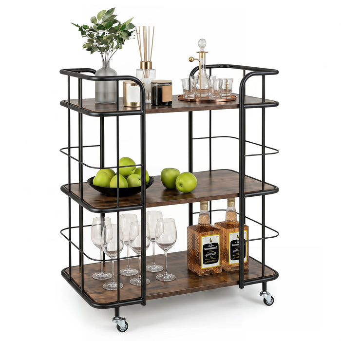 3-Tier Rolling Buffet Serving Cart with Lockable Wheels and  Metal Frame-Rusticbrown