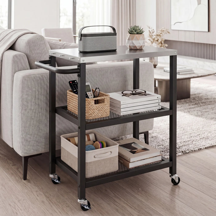 3-Tier Rolling Grill Cart with Stainless Top and Hanging Posts for Kitchen-Black