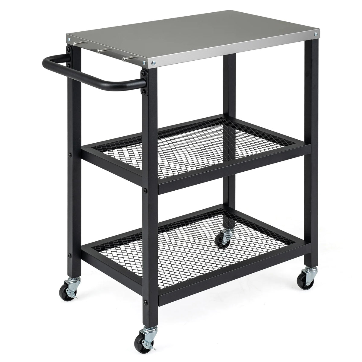 3-Tier Rolling Grill Cart with Stainless Top and Hanging Posts for Kitchen-Black
