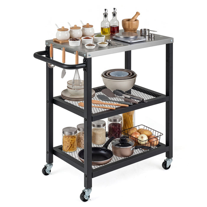 3-Tier Rolling Grill Cart with Stainless Top and Hanging Posts for Kitchen-Black