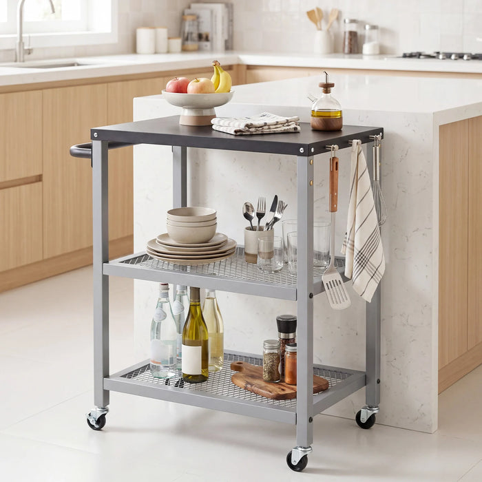 3-Tier Rolling Grill Cart with Stainless Top and Hanging Posts for Kitchen-Black