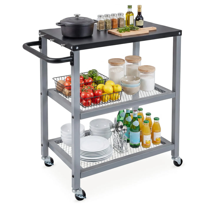 3-Tier Rolling Grill Cart with Stainless Top and Hanging Posts for Kitchen-Black