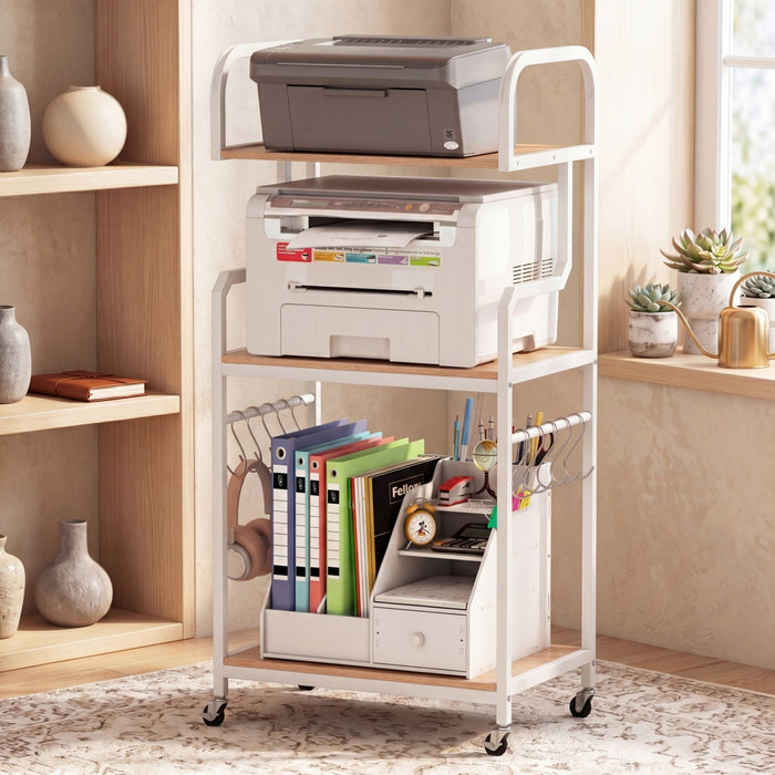 3-Tier Rolling Printer Stand with Storage Shelves and Hooks-Rustic Brown