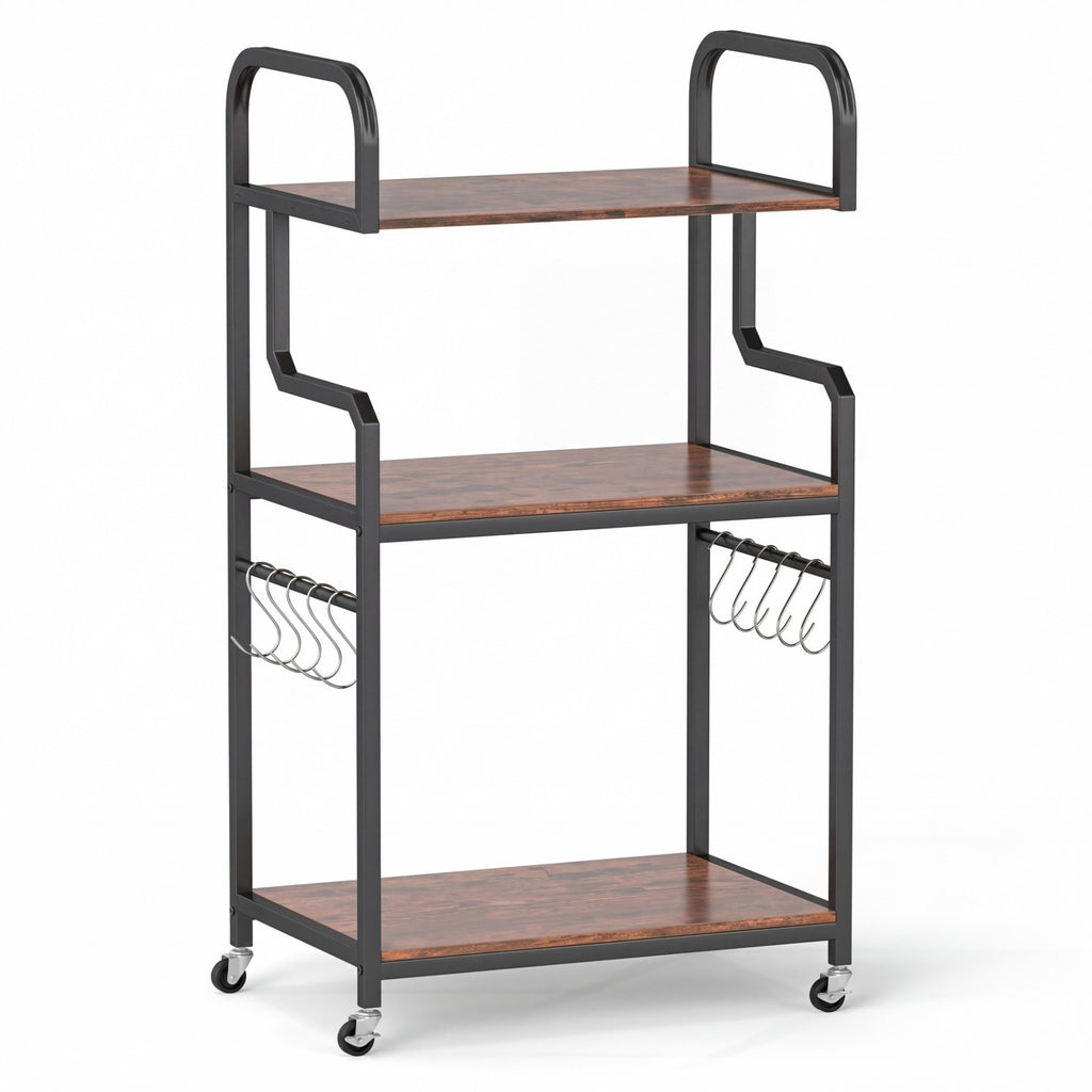 3-Tier Rolling Printer Stand with Storage Shelves and Hooks-Rustic Brown