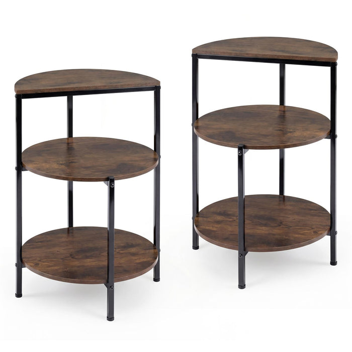 3-Tier Round Side Table Set of 2 with Storage Shelves and Metal Frame for Small Spaces-Rustic Brown