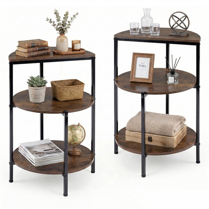 3-Tier Round Side Table Set of 2 with Storage Shelves and Metal Frame for Small Spaces-Rustic Brown
