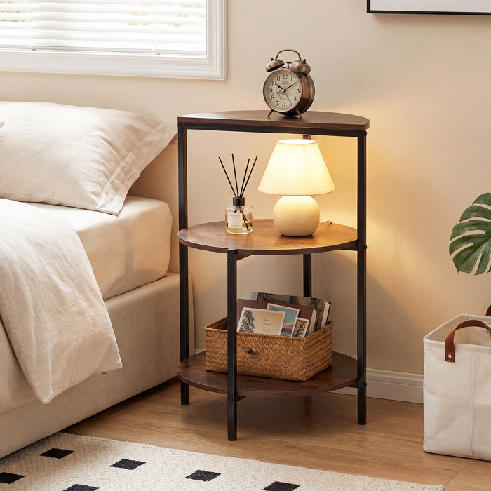 3-Tier Round Side Table with Storage Shelves and Metal Frame for Small Spaces-Rustic Brown