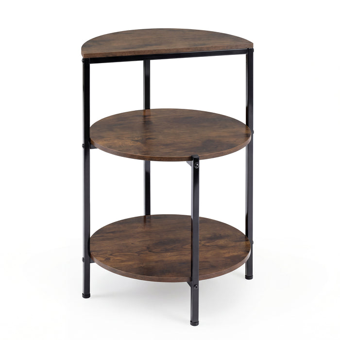 3-Tier Round Side Table with Storage Shelves and Metal Frame for Small Spaces-Rustic Brown