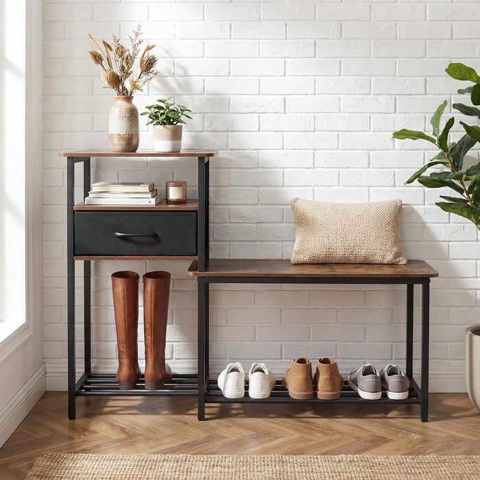 3-Tier Shoe Rack Bench Industrial Shoe Storage Bench with Drawer and Metal Frame for Living Room Mudroom-Brown