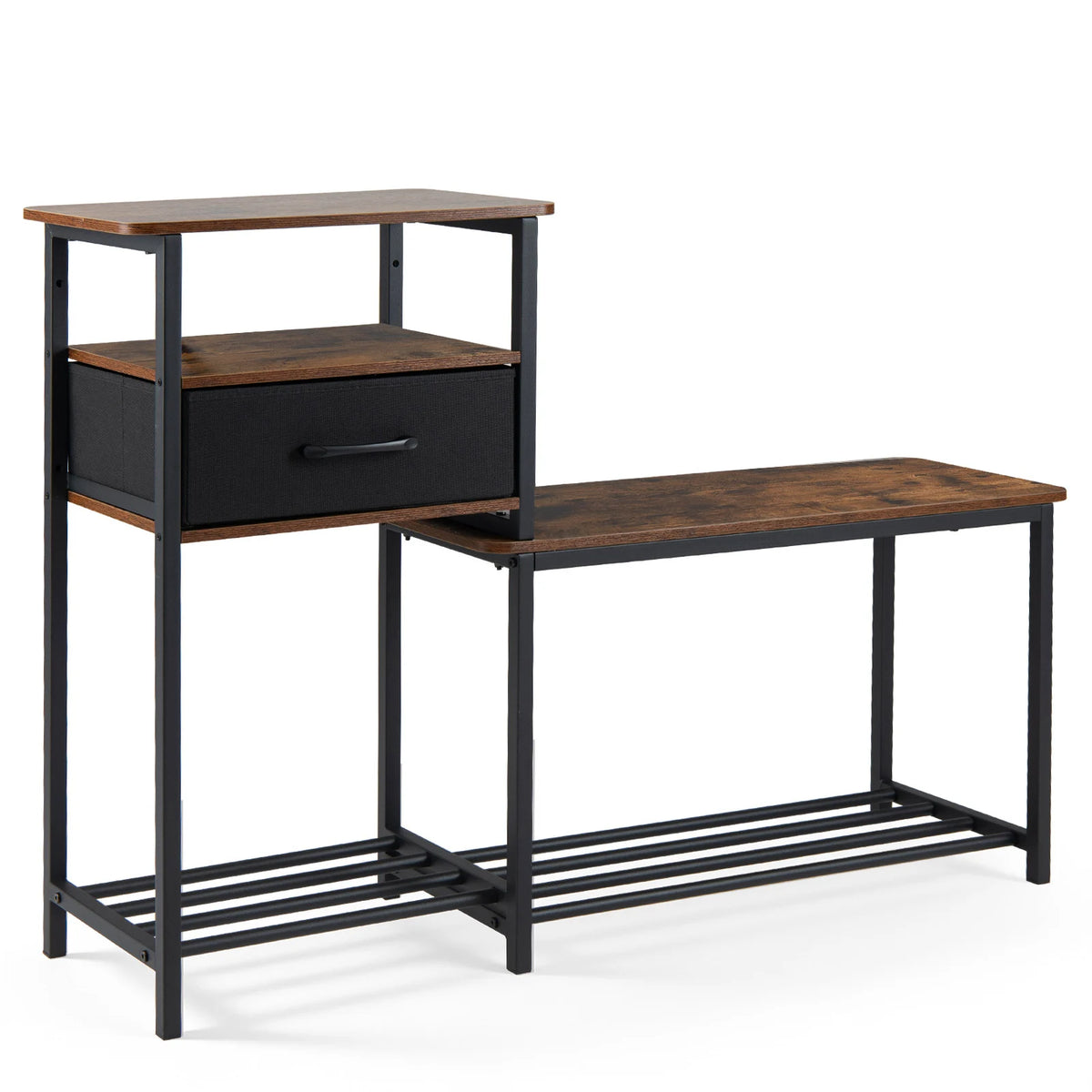 3-Tier Shoe Rack Bench Industrial Shoe Storage Bench with Drawer and Metal Frame for Living Room Mudroom-Brown