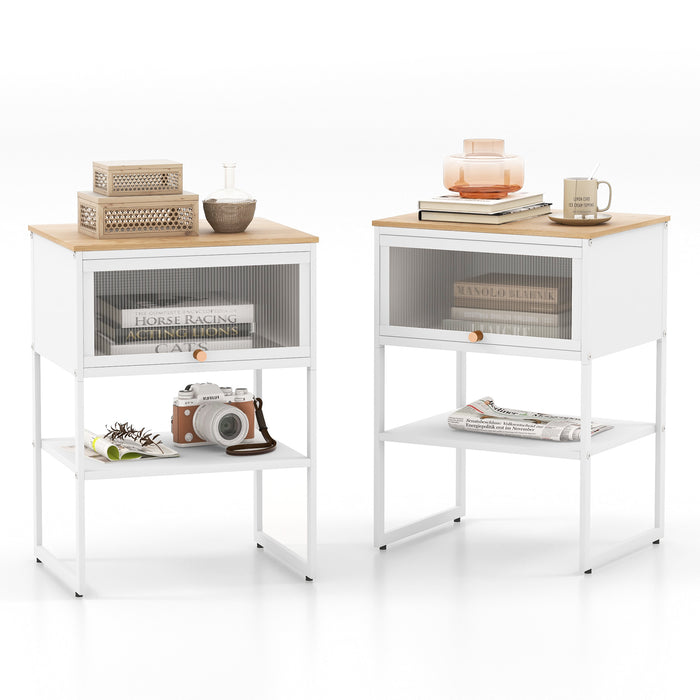 3-Tier Side Table with Storage Shelf for Living Room and Bedroom Set of 2-White