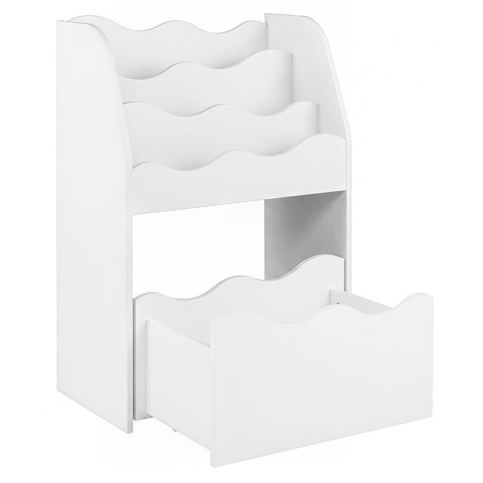 3-Tier Wooden Kids Book Shelf with Large Rolling Storage Drawer and Anti-Toppling Devices-White