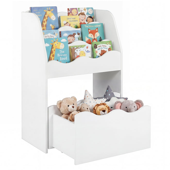 3-Tier Wooden Kids Book Shelf with Large Rolling Storage Drawer and Anti-Toppling Devices-White
