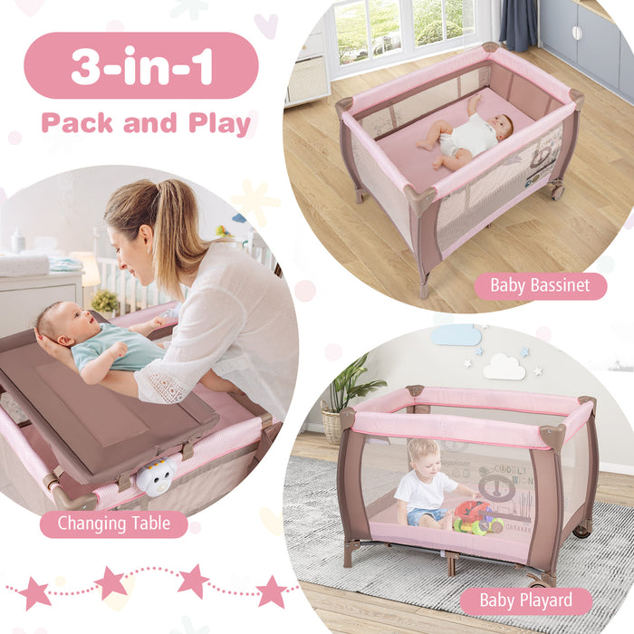 3 in 1 Baby Activity Center Foldable Pack and Play with Diaper Changing Table-