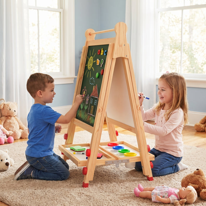 3 in 1 Foldable Wooden Art Easel with Whiteboard Chalkboard and Paper Roll-