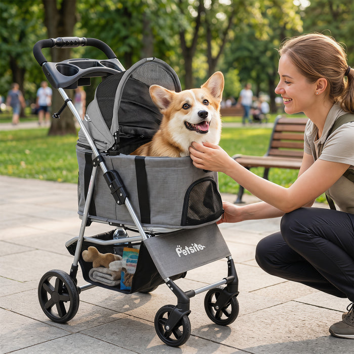 3-in-1 Pet Stroller for Small Medium Dogs with Detachable Carrier Cup Holder and Storage Basket-