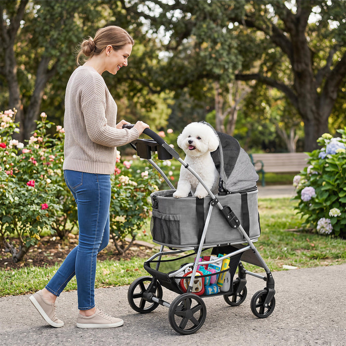 3-in-1 Pet Stroller for Small Medium Dogs with Detachable Carrier Cup Holder and Storage Basket-