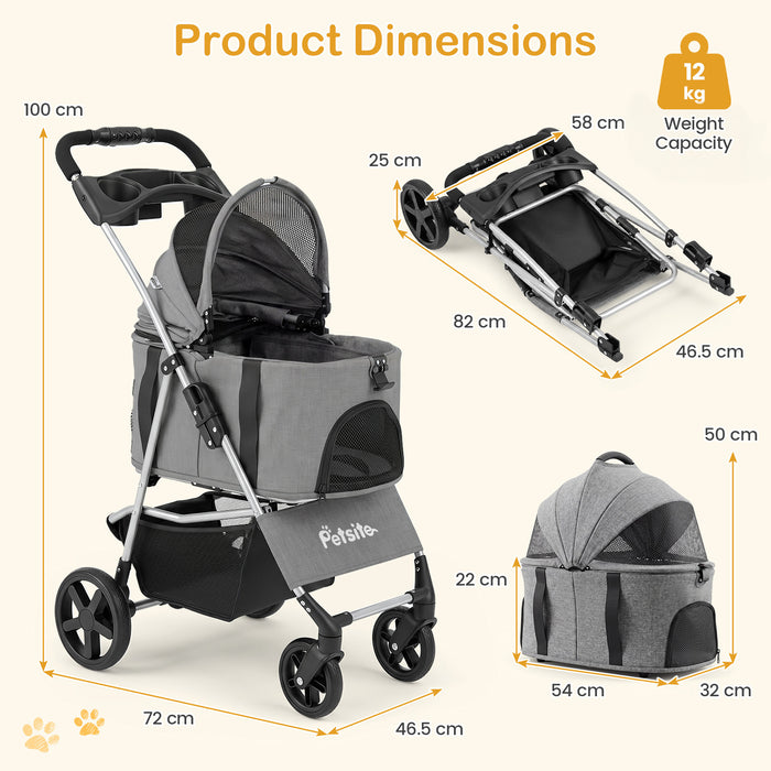 3-in-1 Pet Stroller for Small Medium Dogs with Detachable Carrier Cup Holder and Storage Basket-