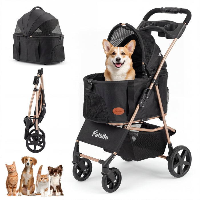 3-in-1 Pet Stroller for Small Medium Dogs with Detachable Carrier Cup Holder and Storage Basket-