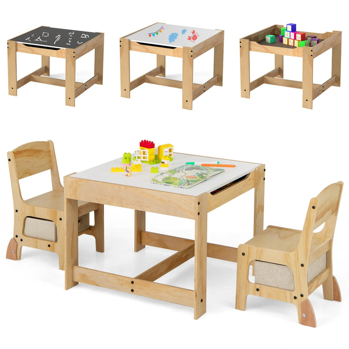 3 in 1 Wooden Kids Table and Chair Set  with Removable Tabletop and Drawers-