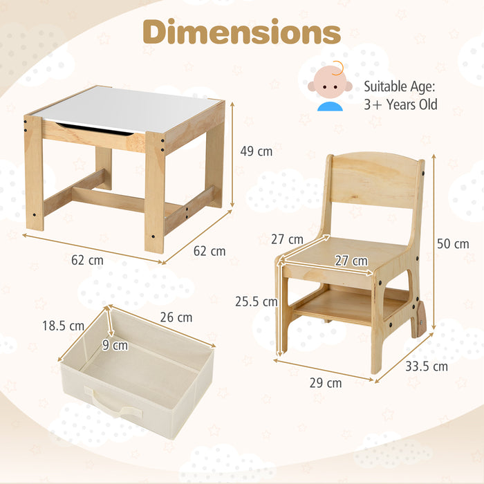 3 in 1 Wooden Kids Table and Chair Set  with Removable Tabletop and Drawers-