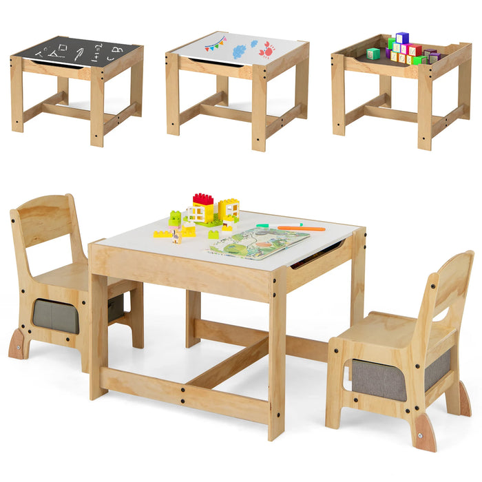 3 in 1 Wooden Kids Table and Chair Set  with Removable Tabletop and Drawers-