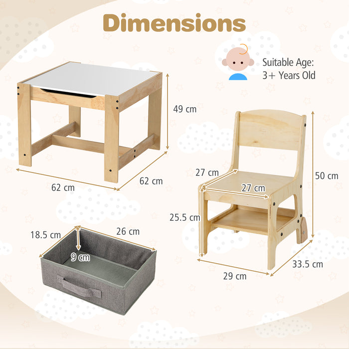 3 in 1 Wooden Kids Table and Chair Set  with Removable Tabletop and Drawers-