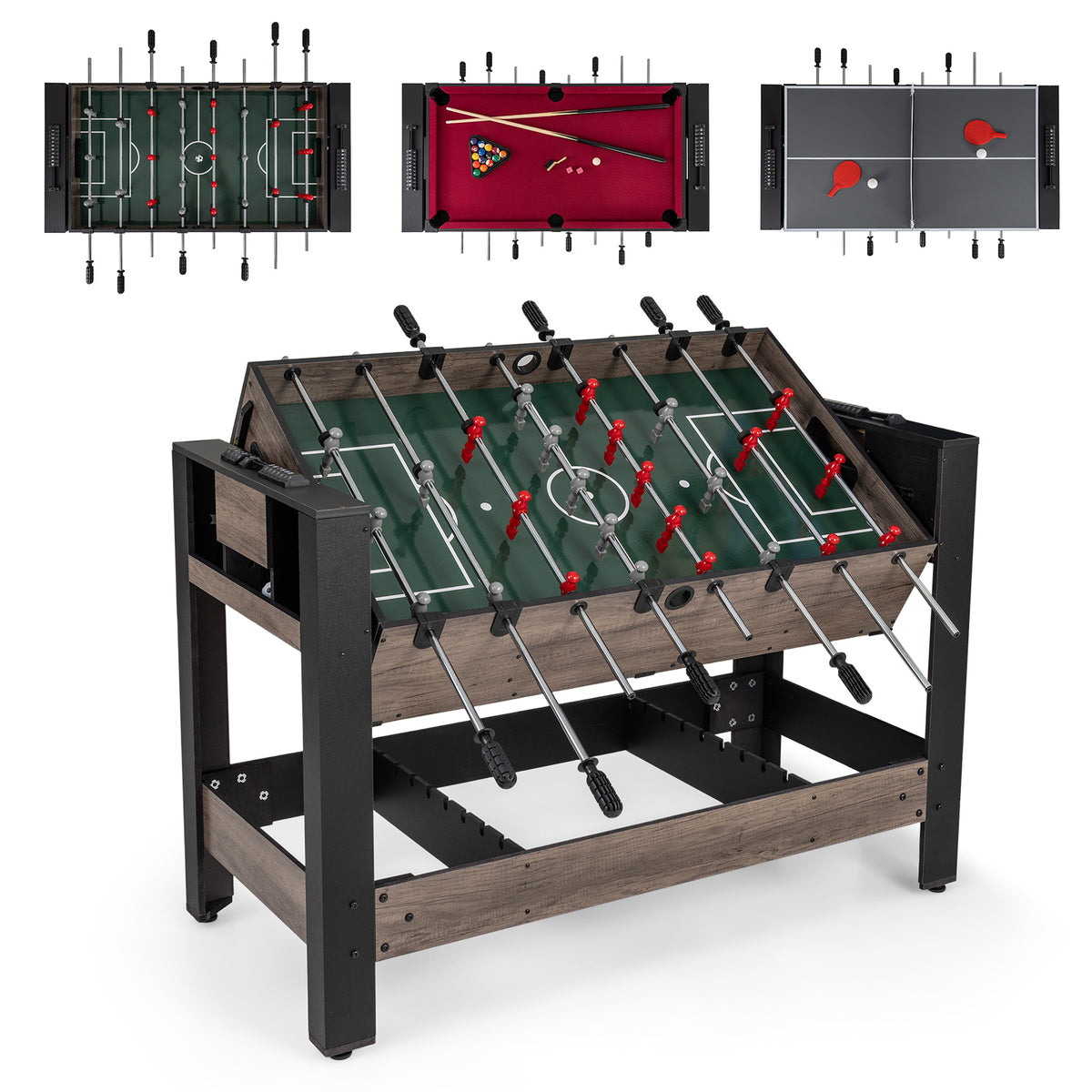 3-in-1 124CM Swivel Game Table with Foosball Pool Billiards Table Tennis-