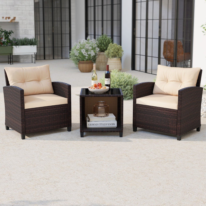 3-Piece Outdoor Patio Furniture Set with Glass Coffee Table and Storage Compartment-
