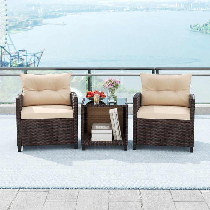3-Piece Outdoor Patio Furniture Set with Glass Coffee Table and Storage Compartment-