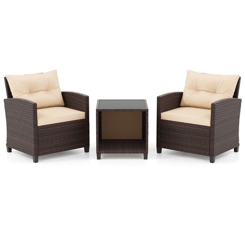 3-Piece Outdoor Patio Furniture Set with Glass Coffee Table and Storage Compartment-