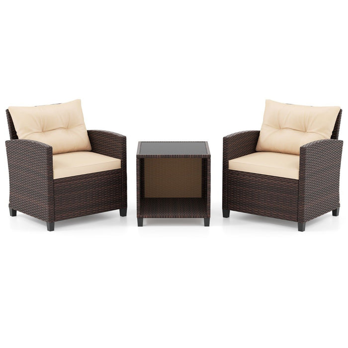 3-Piece Outdoor Patio Furniture Set with Glass Coffee Table and Storage Compartment-