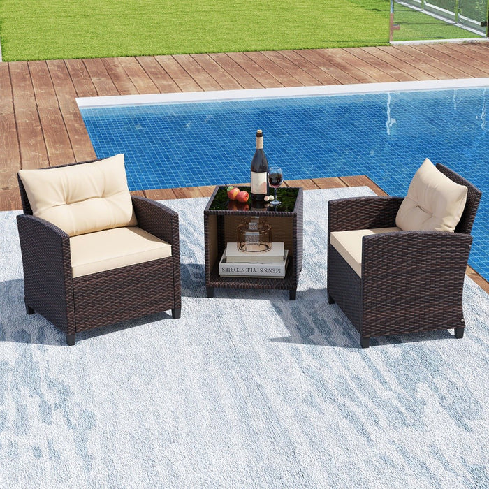 3-Piece Outdoor Patio Furniture Set with Glass Coffee Table and Storage Compartment-