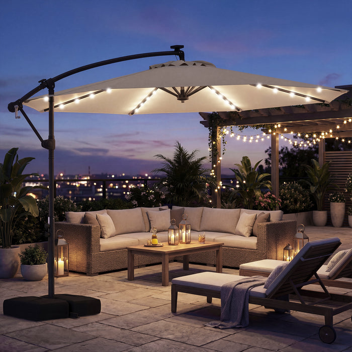 300 cm Solar LED Offset Cantilever Patio Umbrella with Rotation and Crank-Grey