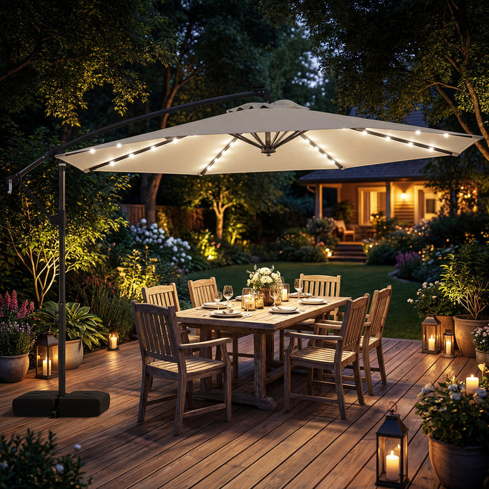 300 cm Solar LED Offset Cantilever Patio Umbrella with Rotation and Crank-Grey