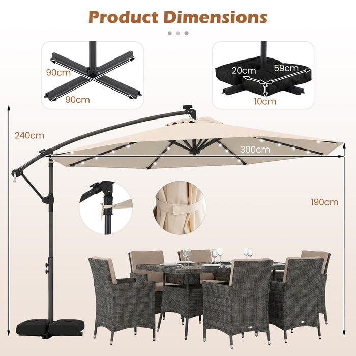 300 cm Solar LED Offset Cantilever Patio Umbrella with Rotation and Crank-Grey