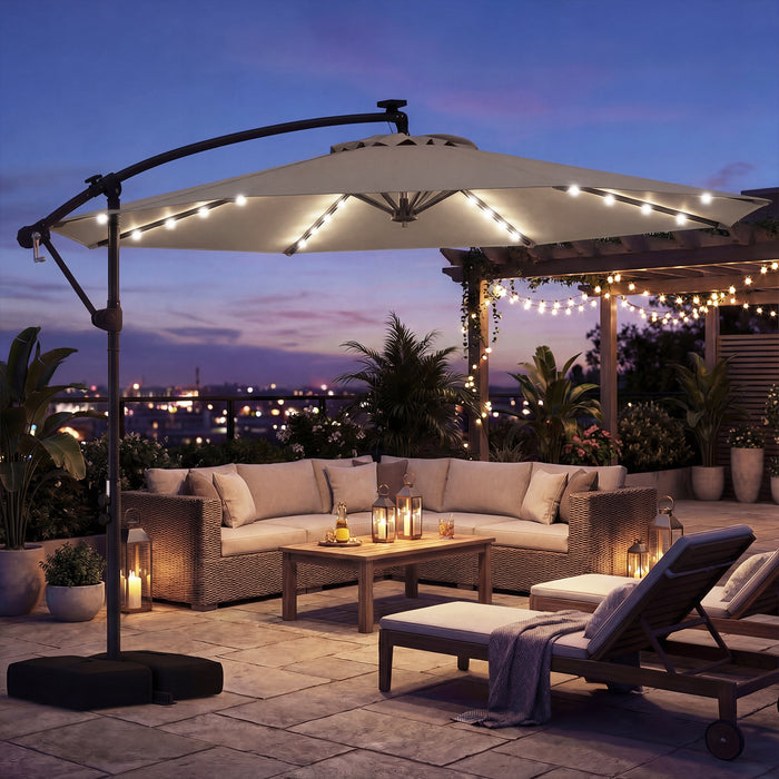 300 cm Solar LED Offset Cantilever Patio Umbrella with Rotation and Crank-Grey