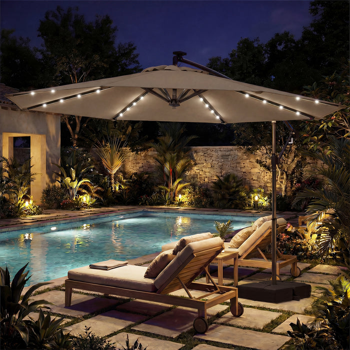 300 cm Solar LED Offset Cantilever Patio Umbrella with Rotation and Crank-Grey