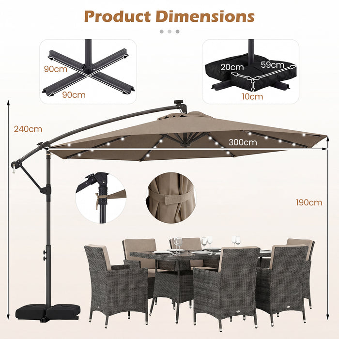300 cm Solar LED Offset Cantilever Patio Umbrella with Rotation and Crank-Grey