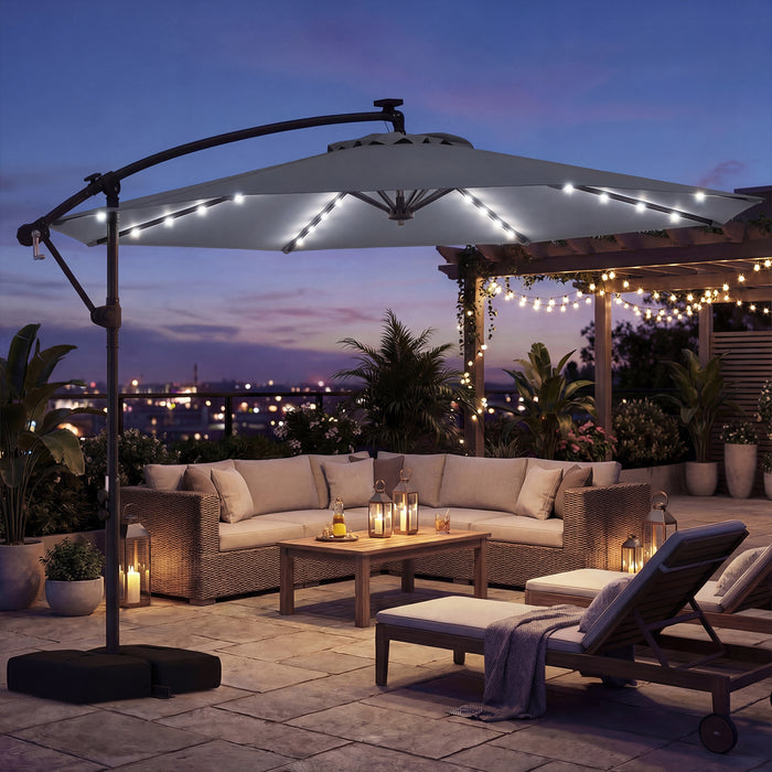 300 cm Solar LED Offset Cantilever Patio Umbrella with Rotation and Crank-Grey