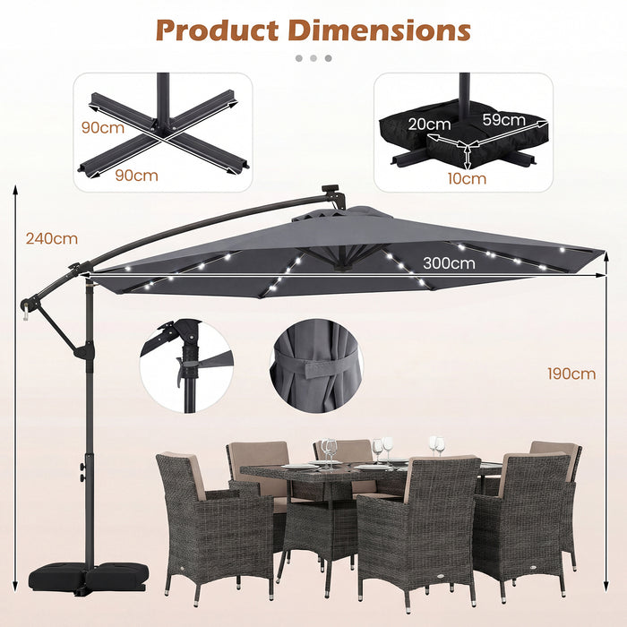 300 cm Solar LED Offset Cantilever Patio Umbrella with Rotation and Crank-Grey
