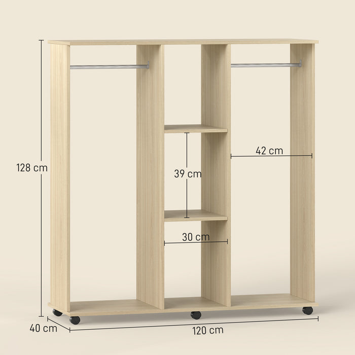 HOMCOM Open Wardrobe Double Mobile Storage Shelves Organizer W/6 Wheels-Natural