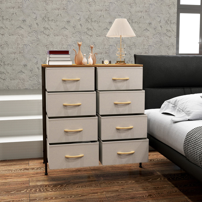 HOMCOM Fabric Chest of Drawers, Industrial Storage Bedroom Dresser with 8 Fabric Drawers, Steel Frame and Wooden Top for Nursery, Living Room, Hallway, Cream White