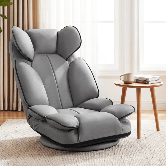 360 Degree Swivel Floor Gaming Chair Folding Lazy Lounger Couch with 6-Position Adjustable Backrest-White