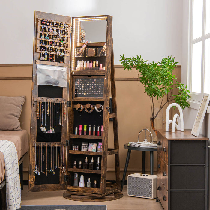 Mirrored Jewelry Armoire - 360-Degree Rotation, 3-Color Auto-on LED Lights, Black Finish - Ideal for Organizing and Showcasing Jewelry Collection