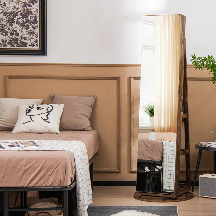 Mirrored Jewelry Armoire - 360-Degree Rotation, 3-Color Auto-on LED Lights, Black Finish - Ideal for Organizing and Showcasing Jewelry Collection