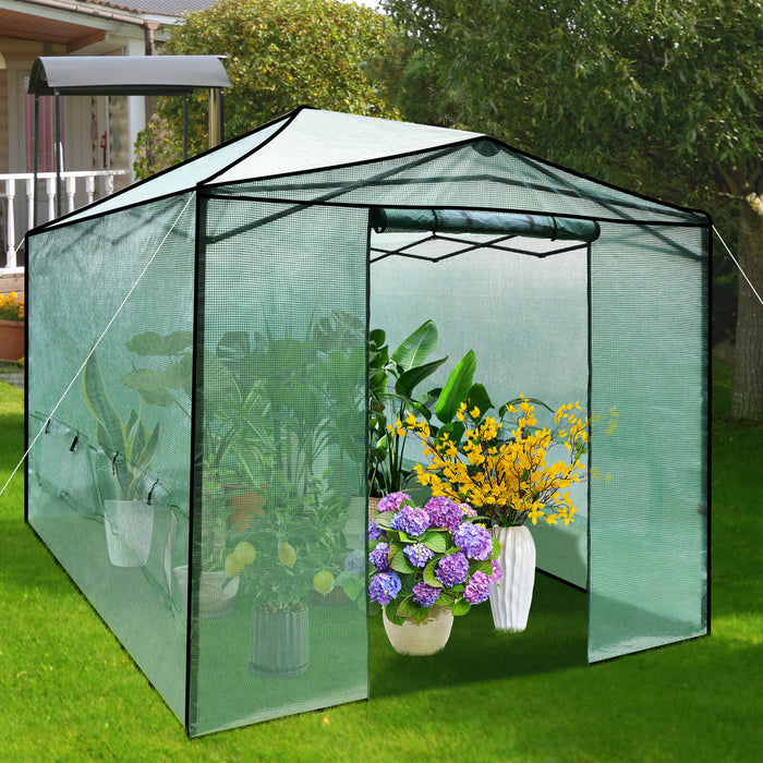 Pop-up Greenhouse 364x243 cm - Folding Walk-in Design with Zippered Doors in Green - Ideal for Garden Plant Protection and Growth